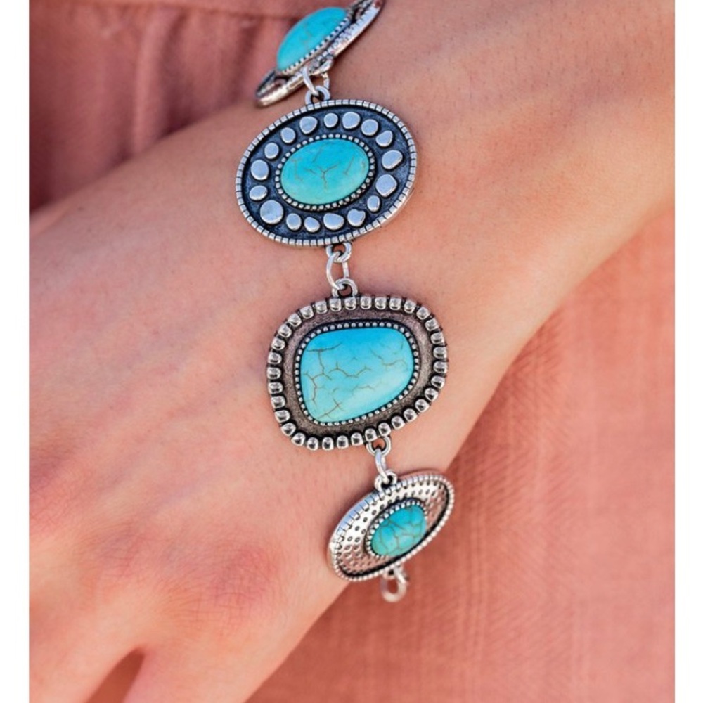 Blue and Silver Intricate Bracelet with Turquoise Stones